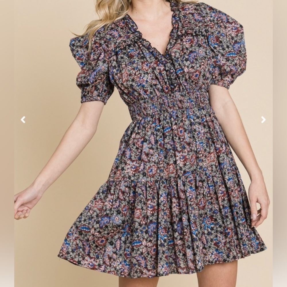 INA Dark Floral Puffy Short Sleeve Smocked Tiered Mini Dress - Picture 1 of 13